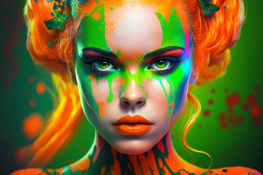 AI generated illustration of a pretty girl with face paint and makeup design