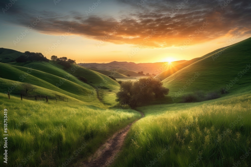 Canvas Prints rolling hills with sunrise, bringing a new day, created with generative ai