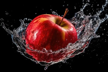 AI generated illustration of a ripe red apple midair in a splash of water on dark background