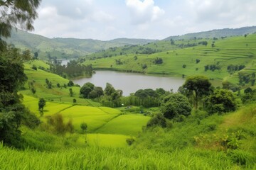 Obraz premium rolling hills with picturesque lake, surrounded by lush and verdant greenery, created with generative ai