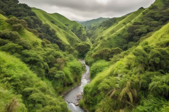 rolling hills with rolling stream, surrounded by lush greenery, created with generative ai