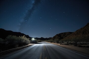 scenic road trip through the night, with stars and moon visible in the sky, created with generative ai