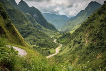 Fototapeta premium scenic road trip through the mountains with dramatic views and lush greenery, created with generative ai