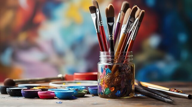 A set of art materials including paint, brushes and colored pencils, ready for creativity. Generative AI.