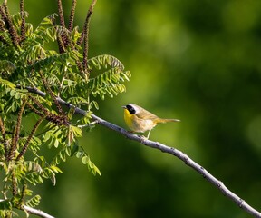 Male common yellowthroat perched on a leafy twig. Geothlypis trichas.