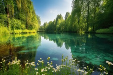 Fototapeta premium serene lake surrounded by lush greenery, with reflections of trees and flowers, created with generative ai