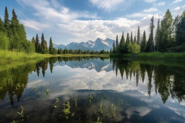 Fototapeta premium serene lake, with reflections of trees, mountains and clouds in the background, created with generative ai