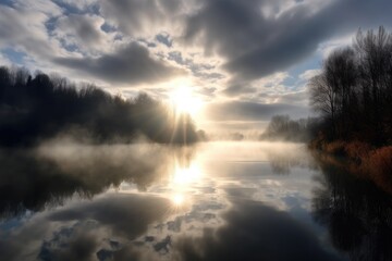 reflection of the sun on the lake, with misty clouds in the background, created with generative ai