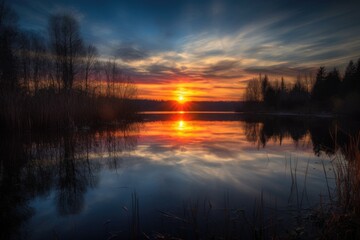 Obraz premium reflection of the sun rising over lake, with colors of dawn and sunrise, created with generative ai