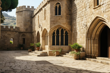 Obraz premium A detailed shot of the fortress's main gate, with intricate carvings and imposing doors, inviting viewers to explore the secrets within