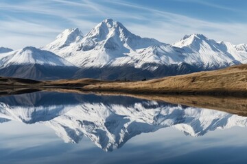 Fototapeta na wymiar snow-capped mountain peaks reflected in still lake, created with generative ai