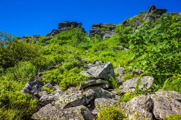 Beautiful view on the Ukrainian Polonynian Beskids to the mountains and valleys. Rocky peaks of the Ukrainian Carpathians in summer. Water-making ridge in the Carpathians, Carpathian mountains