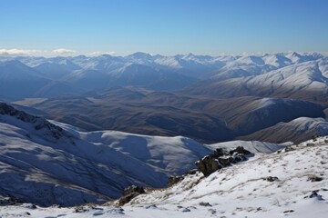 snow-covered mountain range, with peaks and valleys visible in the distance, created with generative ai