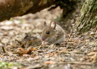 Tiny mouse foraging in the woodland