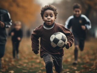 Young children playing soccer outdoors in the fall - Ai generated