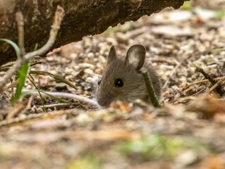 Tiny mouse foraging in the woodland