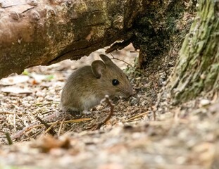 Tiny mouse foraging in the woodland