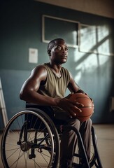 AI generated illustration of basketball player in a wheelchair holding a basketball