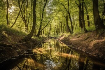 peaceful forest with stream and reflection of the sky, created with generative ai