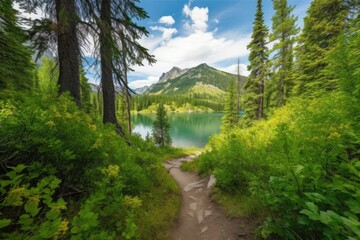 Fototapeta na wymiar forest trail with view of tranquil lake and mountain in the background, created with generative ai
