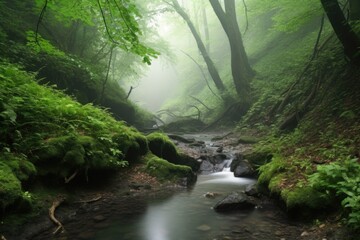 Obraz premium tranquil forest with babbling brook and misty waterfall, created with generative ai