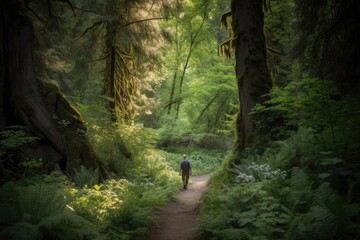 person, walking through tranquil forest, with the sights and sounds of nature, created with generative ai