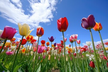 towering tulips of different colors against a blue sky, created with generative ai