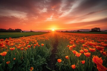 Plakat sunset, with tulip fields in the foreground and a fiery orange sky, created with generative ai