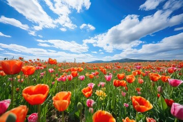 vibrant tulip field with blue sky and clouds in the background, created with generative ai