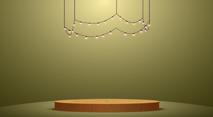 wooden podium with hanging neon light in gold room
