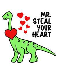 Vector of a cartoon dinosaur with a red heart 'Mr Steal your heart' text in the background