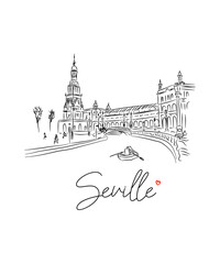 Vector illustration of the hand-drawn cityscape of Seville on a white background