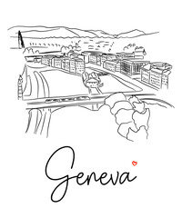 Vector illustration of the hand-drawn cityscape of Geneva on a white background