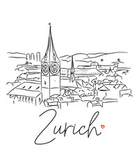 Vector illustration of the hand-drawn cityscape of Zurich on a white background