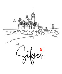 Vector illustration of the hand-drawn cityscape of Sitges on a white background - obrazy, fototapety, plakaty