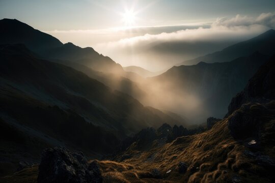 mountain range shrouded in mist, with the sun shining through, created with generative ai