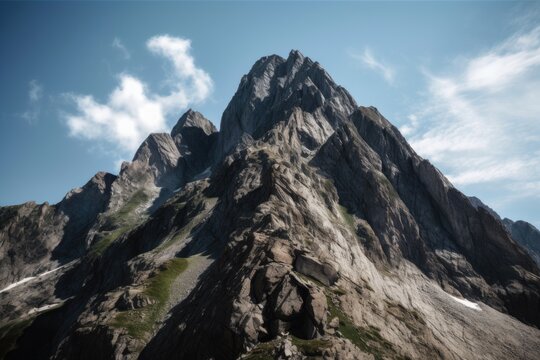 majestic mountain peak, with a close-up of its rocky and rugged surface, created with generative ai