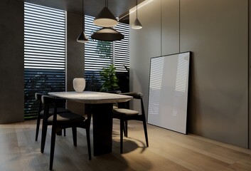 Modern dining room interior design contemporary, with natural tones on the room, walls, floor and ceiling. 3d rendering illustration
