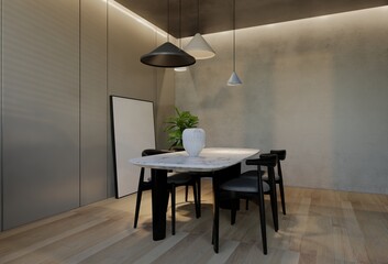 Modern dining room interior design contemporary, with natural tones on the room, walls, floor and ceiling. 3d rendering illustration