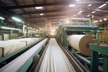 Obraz premium pulp and paper mill, with towering machines and conveyor belts for producing the raw material for paper, created with generative ai