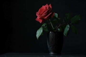 red rose in a black vase on a dark background, created with generative ai