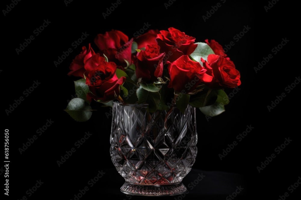 Poster red rose bouquet in crystal vase on black background, created with generative ai