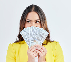 Money, hidden face or professional woman with cash dollar bills, competition award or giveaway. Studio winner, financial economy or female trader with 401k income, profit or rich on white background