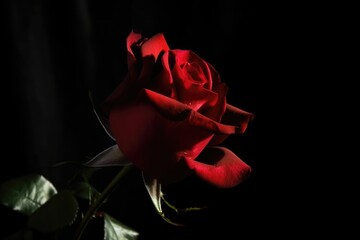 red rose against black background, with dramatic lighting and shadows, created with generative ai