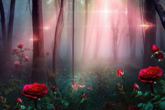 magical forest with red roses and magic wand, created with generative ai