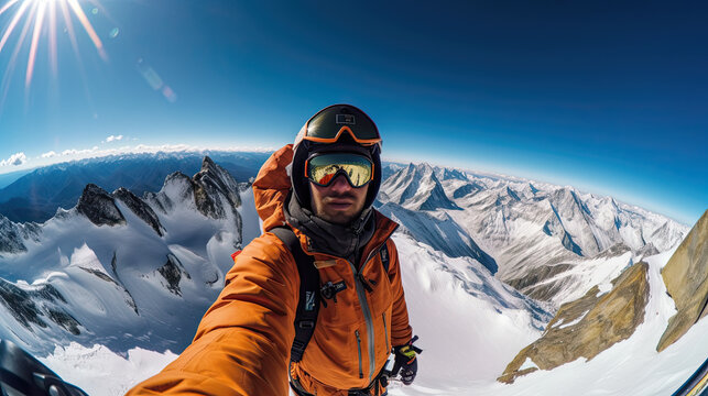 hiker at the top of a pass making selfie against snow capped mountains in Alps