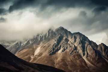 close-up of rugged mountain range, with clouds and sky in the background, created with generative ai