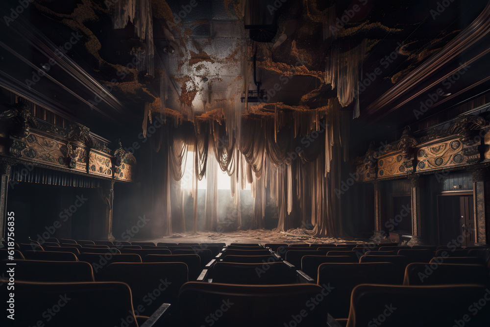 Poster an empty theater with rows of empty seats. ai generative.