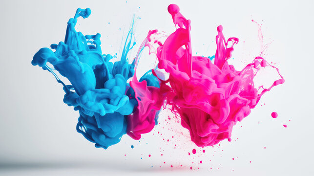 Pink and blue paint splashes in mid-air