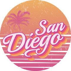 San Diego Vintage Text with Sunset retro colors  Typography text in grunge style theme, vector design on white background.
